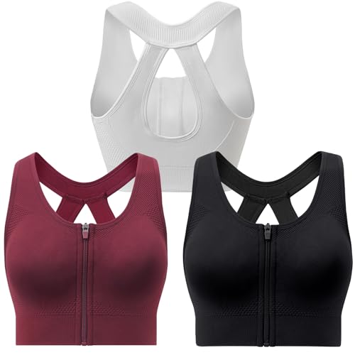 Racerback Padded Sports Bra for Women - Medium Support Zipper Front Workout Bra