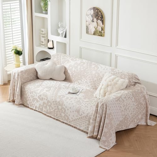 Deep Dream Boho Couch Cover Blanket, Soft Chenille Sofa Covers for 3 Cushion Couch, Sofa Slipcovers Washable Living Room Furniture Protector for Dogs Pets (Cream, 71"x134")