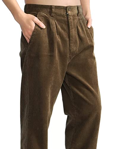 Idealsanxun Brown Pants Men Casual Fall Winter Baggy Corduroy Pleated Dress Pants (Brown, 36Wx32L) #TOP1