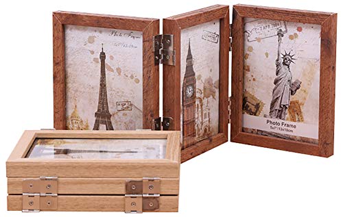 Collage Picture Photo Frames - 3.5x5, Triple Hinged 3 Desk Picture Frame, Wooden Desk Tabletop Family Photo Frame with Glass Opening, Decorative Folding Trifold Picture Frame Stand Vertical, Brown