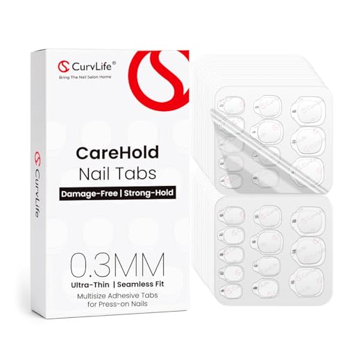 Curvlife CareHold Nail Adhesive Tabs for Press On Nails – 20 Sheets, 12 Sizes Strong Hold 0.3mm Ultra Thin Nail Glue Stickers Waterproof Breathable Double Sided Sticky Tabs, Gentle Removal