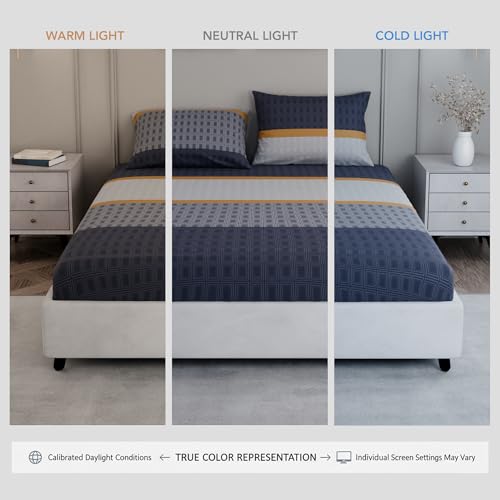 Image of BLISSHOME SoftTouch 150TC Cotton King Size Fitted Bedsheet with 2 Pillow Covers, Silky Smooth Bedding Set, Breathable, Easy Maintain, Geometric Pattern - Blue (183cm x 198cm + 25cm Drop)