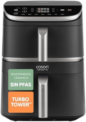 Cosori Air Fryer Turbo Tower Pro 10,8 Litros, Freidora de Aire con Revestimiento Cerámico sin PFAS, Doble Resistencia con Turbo Blaze, Airfryer de Doble Cesta Vertical, Multifunción 7 en 1, 2630W