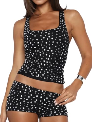 Meileafal Women 2 Piece Set Rhinestone Embellished Square Neck Crop Top and Bodycon Shorts Night Ouut Party Outfit