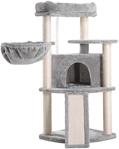 Hey-brother 103cm Cat Tree with Full Sisal Posts and Scratching Board, Cat Tower with Padded Plush Perch and Cozy Basket Light Gray MPJ003W