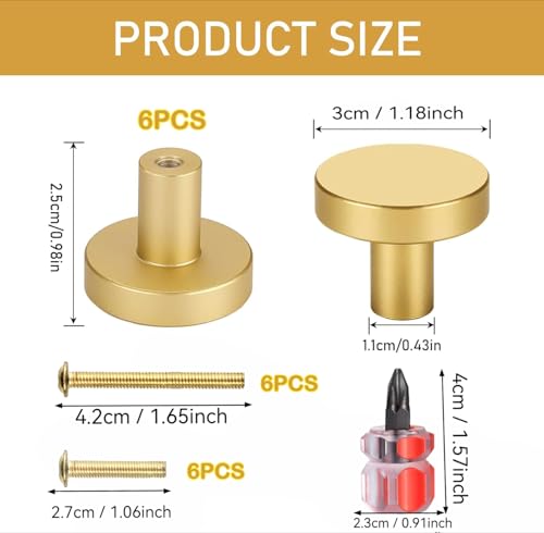 Nokwocy 6 Stück Runde Schrankknöpfe,Schrankgriffe Gold,Möbelknöpfe Matt,Knöpfe für Schränke mit zwölf Schrauben und einem Schraubendreher,Goldene Knöpfe Griffe,Knauf für Schrank