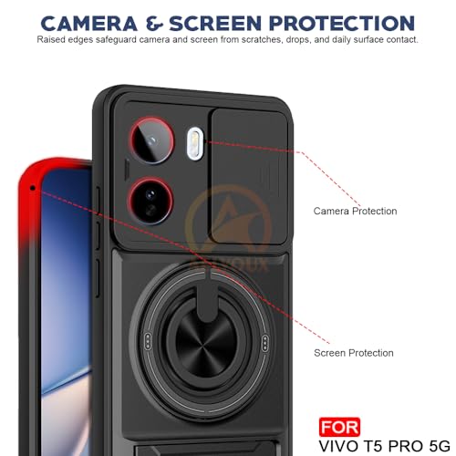 Image of Vivo T5 Pro 5G Back Cover | Armor Camera Slider 360 Degree Rotating Finger Ring Holder Case with Bracket Stand Back Case Cover (Compatible with MagSafe Accessories) (Black)