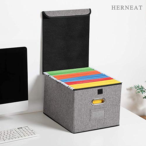 File Boxes [4Pack]Letter Legal Size Multi-Purpose Linen File Storage Box Organizers Collapsible Foldable Decorative Linen Storage Hanging Filing Folders With Lids Office Gray File Box Filing Box #TOP1