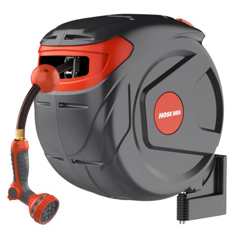 Retractable Garden Hose Reel 1/2 Inch 100 FT Wall-Mounted 180° Swivel Automatic Slow Return Any Length Lock Hose Reels for Outside 9 Pattern Sprayer Nozzle UV Resistant by FARMMAC - Used condition - US$72.01