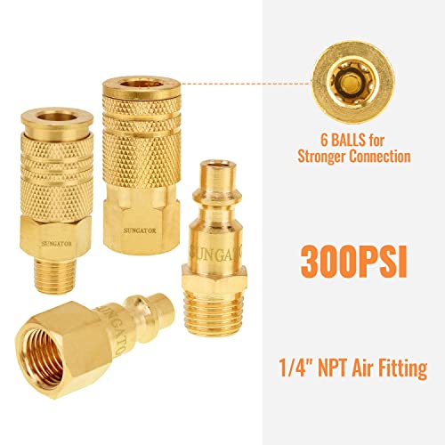 Sungator Air Fittings, (16-Piece) Air Coupler And Plug Kit, Solid Brass Quick Connector Set, Industrial 1/4" Npt Air Tool Fittings Set With Storage Case #TOP2