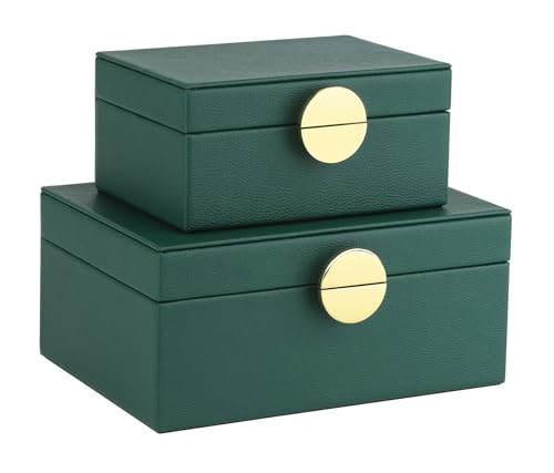 HofferRuffer Faux Leather Jewelry Boxes, Decorative Boxes Storage Accessory Organizer with Gold Hardware Decor, Classic Vegan Leather Set of 2 Pieces (Green)