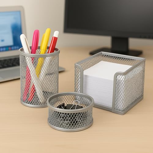 Image of The Better Home Set of 3 Desk Organizers | Metal Mesh Design | Pen Pencil Brush & Clip Holders | Multipurpose Office Supplies Organizer | Table Organizer for Desk | Silver