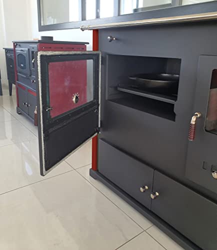 Foto von Kaminofen mit Backfach und Herdplatte Pracktik Lux Rot LINKS Holzofen 9,5 kW Kamin Ofen Dauerbrandofen Werkstattofen Schwedenofen Hüttenofen Heizofen