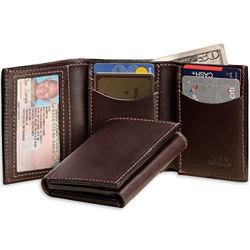 Mens Trifold Wallet Case, 4 Credit Card Holder Slots and ID Window, Full Grain Bridle Genuine Leather, Made in USA, Brown2
