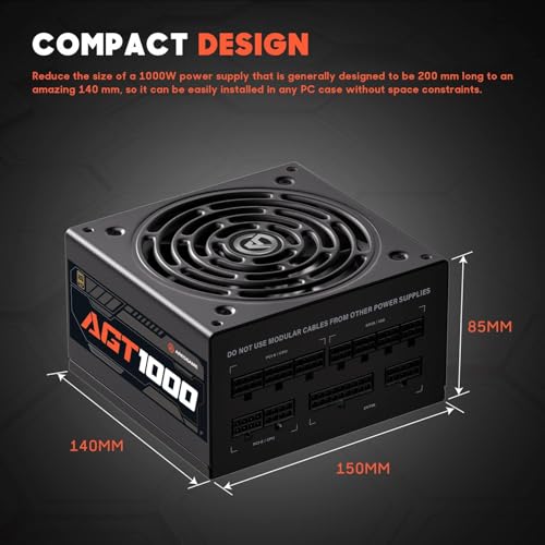 ARESGAME AGT Series 1000W Power Supply, 80+ Gold Certified, Fully Modular, FDB Fan, Compact 140mm Size, 10 Year Warranty, ATX Gaming Power Supply - Thumbnail 5