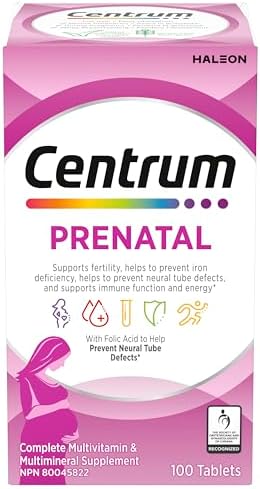 Centrum Prenatal Vitamin Tablet, Postpartum Multivitamin and Mineral Supplement, Essential Prenatal Vitamins, 100 Count (Packaging May Vary)