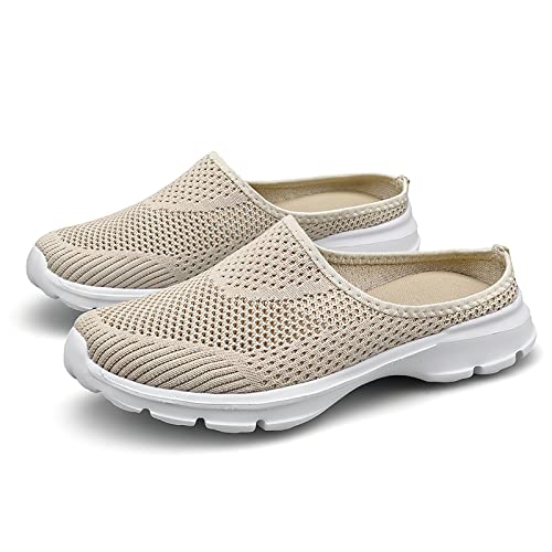 Baobeijiadao Womens Mesh Clog Backless Slip On Mule Sneaker Knit Flats Walking Shoes (Cn35-Us5.5, Beige) #TOP1