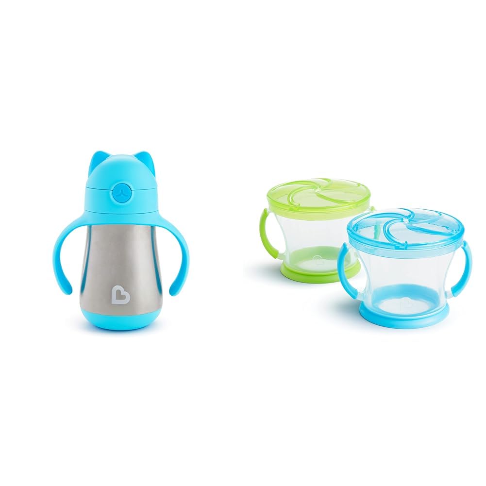 Munchkin® Cool CatTM 8oz Stainless Steel Straw Cup and Snack Catcher® 2 Count Blue/Green Toddler Cups