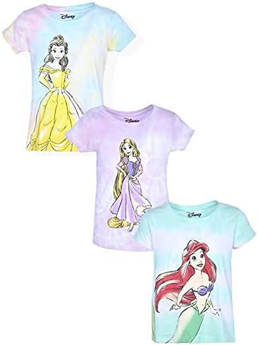 Disney Princess Ariel, Rapunzel and Belle Girls’ T-Shirt 3 Pack for Toddler and Little Kids – Purple/Blue/Pink