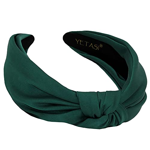 YETASI Knotted Headband for Women, Forest Green Satin Top Knot Headband