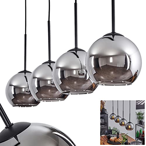 Suspension Koyoto en métal/verre noir/chrome, 4 ampoules au design vintage/rétro avec abat-jour en verre (Ø 15 cm), hauteur max. 147,5 cm, 4 ampoules E27,...