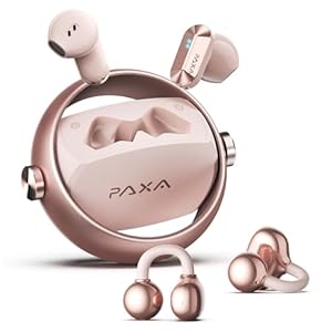 PAXA 2-in-1 Doppel-Set Clip On Kopfhörer Open Ear Kopfhörer Bluetooth 6.0 0ms Verzögerung, 140H Spielzeit, Auto L/R-Erkennung, Hybrid Noise Cancelling für Arbeit/Sport/Tag,Roségold