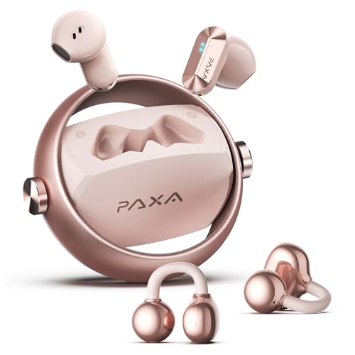 PAXA 2-in-1 Doppel-Set Clip On Kopfhörer Open Ear Kopfhörer Bluetooth 6.0 0ms Verzögerung, 140H Spielzeit, Auto L/R-Erkennung, Hybrid Noise Cancelling für Arbeit/Sport/Tag,Roségold