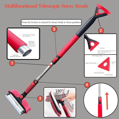 DE Anderqueen 42\" Car Snow Brush & Ice Scraper Red Snow Brush for Car Extendable, Upgraded Heavy Duty Pivoting Snow Broom for SUV Trucks Windshield Snow Cleaning