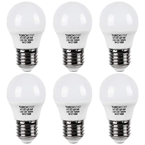 TORCHSTAR A15 LED Refrigerator Light Bulbs, 5W (40W Eqv.), 110-130V, E26/E27 Base, Omni Directional, 450lm, for Appliances, Freezers, Ceiling Fans, 5000K Daylight, Pack of 6