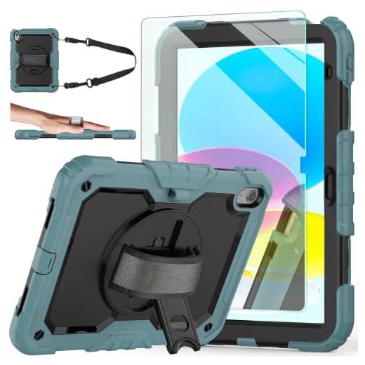 Capa para iPad 10ª geração, capa para iPad 10,9 polegadas 2022, [à prova de crianças] Capa protetora de corpo inteiro Ambison com protetor de tela de vidro temperado 9H, suporte giratório de 360° e alça de mão (azul-petróleo e preto)