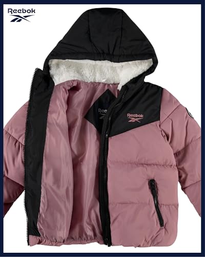 Image of Reebok Girls Heavyweight Poly Taffeta Puffer Jacket with Sherpa Hood | Insulated Quilting Locks in Warmth, Zip-Up Closure, Secure Pockets for Gloves, Cozy Protection for Cold-Weather Play