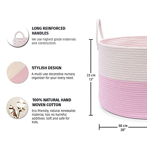 Organihaus Pink Basket For Blankets For Living Room 20X13 | Baby Toy Basket | Woven Baskets For Storage | Round Laundry Basket | Large Basket | Toy Storage Baskets For Kids | Big Blanket Basket #TOP1