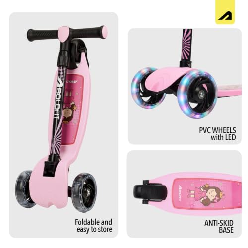 Image of Boldfit Kids Scooter 3 Wheel Kick Scooty for Kids (Above 5 Years) Foldable 4 Adjustable Height Toys for Boys & Girls, Safe Skate Scooter with LED Wheels & Birthday Gift Max Weight 50 Kg, ZigFold-Pink