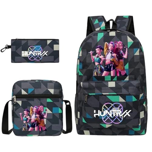 Generisch K POP Hunters Schulset – 3-teiliges Set mit Rucksack, Anime Schulrucksack Jungen & Mädchen, Umhängetasche & Federmäppchen,K-Pop Huntrix Gaming & Unisex Tasche für Schule & Reisen