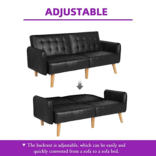 Tyboatle Faux Leather Convertible 65'' Folding Futon Sofa Bed W/ 2 Usb, Loveseat For Small Space, Apartment, Dorm, Living Room, Office, Black #TOP4