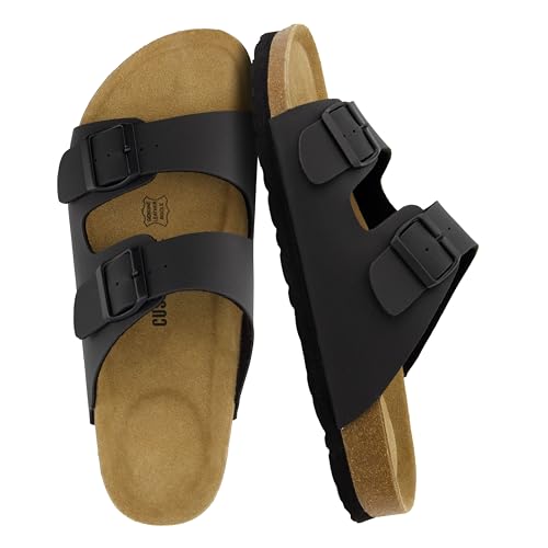 Image of CUSHIONAIRE Lane Cork Footbed Mens Sandals, Adjustable Buckle Comfort Slides for Men, Genuine Leather Insole Summer Sandals Men Footwear, BLACK 10