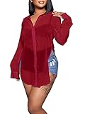 EDITCOZY Women's Sheer Cover Ups Button Up Blouse Sexy Long Sleeve Slit Hem Mesh See Through Shirts Tops Red L
