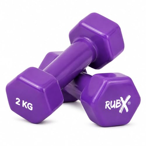 Image of RUBX Premium Unisex (Set for Men & Women) Vinyl Dumbbells Set of 2 |Ideal Home & Gym Workout | Fitness Gym Equipment for Strength Training, Bodybuilding, & Aerobics (2+2=4kg (PURPLE), 2 KGS Each)
