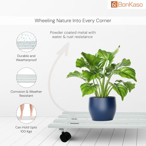 Image of BonKaso Rectangular Metal Plant Stand (Set of 4) with Wheels for Indoor & Outdoor Use (60x 22.9 x7.6 Cm) | Heavy Duty Flower Pot Holder | Holds Up to 100kg | Corner Plant Rack for Heavy Plants - White
