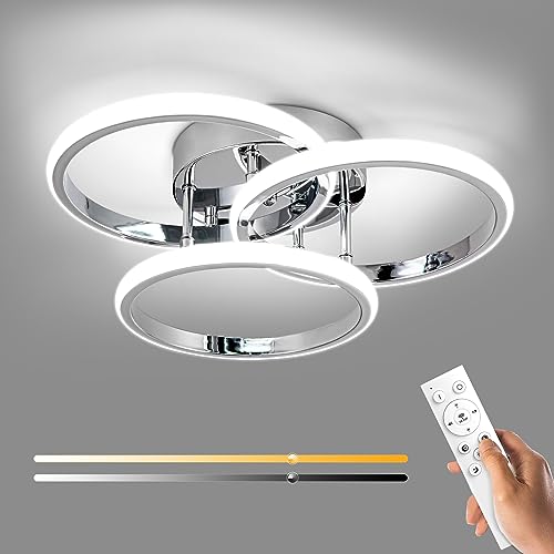 15.74IN Dimmable LED Modern Flush Mount Ceiling Light Fixture with Remote Control, Chrome 3000K-6500K 3-Color Dimming Circle Modern Chandelier, Close to Ceiling Bedroom Kitchen Cloakroom Lamp by Miss Lighting - Used condition - US$30.49