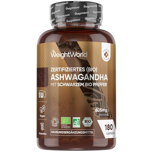 Bio Ashwagandha Kapseln - 180 indischer Ginseng Kapseln - 1 Kapsel täglich - 600 mg Ashwagandha Pulver mit 5 mg schwarzem Pfeffer je Kapsel - Zertifiziert, Vegan & Glutenfrei - WeightWorld