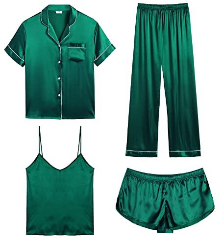 Image of SWOMOG Womens Silk Satin Pajamas Sets 4pcs Sleepwear Sexy Cami Shorts Set and Button Down Short Sleeve Pjs Loungewear Persian Green XX-Large