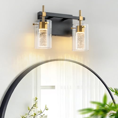 Image of 2-Light Black and Gold Vanity Light with 3 Color Modes (3000K /4000K /6000K), Eye Protection LED Bathroom Light Fixture, Dimmable Modern Wall Light Over Mirror with Clear Glass Shade