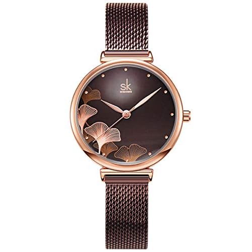 Alienwork Armbanduhr Damen Rosegold Metall Mesh Armband Edelstahl braun Elegant