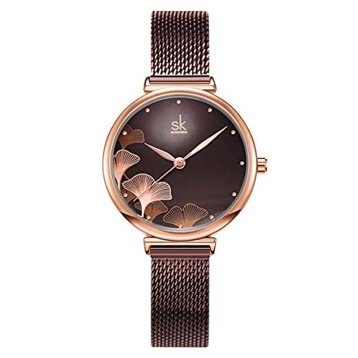 Alienwork Armbanduhr Damen Rosegold Metall Mesh Armband Edelstahl braun Elegant