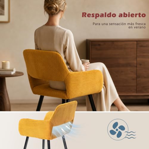 Miniatura 6 de Meuble Cosy Juego De 2 Sillas De Comedor Escandinavo Sillón Tapizado En Pana Con Reposabrazos Patas Metal Para Cocina Salón Dormitorio Oficina, Amarillo