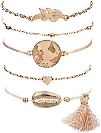 Beaded Bracelets for Women - Adjustable Charm Pendent Stack Bracelets For Women Girl Friendship Gift Rose Quartz Bracelet Links with Pearl Gold Plated