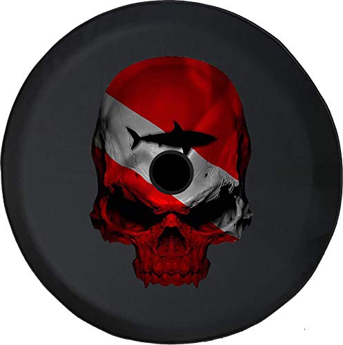 JL Spare Tire Cover Backup Camera Hole Scuba Diving Red White Flag Skull Shark Ocean Diver Black 32 in