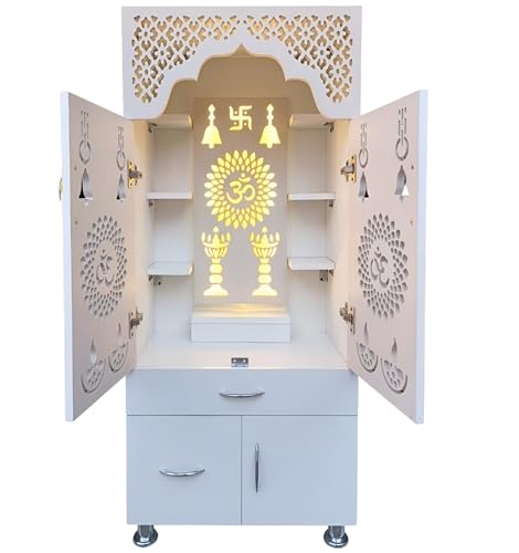 Image of Wooden Temple for Home | Handcrafted Pooja Mandir with Doors, Drawers & Shelves | Decorative Carved Design for Home, Office, Mandir & Spiritual Spaces