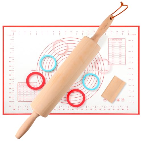 WitHlper Beechwood Rolling Pin Set with 6 Thickness Rings, Non-Slip